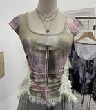 Heavy Industrial Lace Splicing Elastic Print With Bow Short-Sleeved T-Shirt 6185