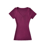 Basic V-Neck Knitted Women 2026 Summer New Hot Girls Slim Slimmed Short-Sleeved Bottom Shirt
