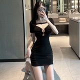 Net Red Sexy Pure Desire V-Neck Short-Sleeved Dress Female Breast Design Careful Machine Hollow Hottie Hip Skirt