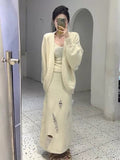 Autumn And Winter Lazy Wind Relaxation Knitted Three-Piece Set Of Women's New Medium And Long Knitted Open Shirt Sling Half-Body Set
