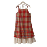 Summer New Sen Style Retro Embroidery Lace Splicing With Two Sling Skirts Women's Lattice Dress