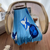 2025 New High-Rise Half-Dress Woman Tight Waist Ink Print Design Sense A-Character Skirt In The Long Folded Skirt