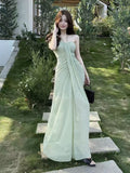 Pure Wind Hanging Neck Strap With Bra Dress Women's Holiday Atmosphere Green Mesh Dress Waist Temperament Long Dress