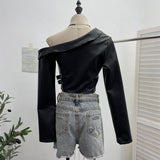 Real Shooting Short Slant Shoulder Small Leather Coat Women Pu Skin Cool Irregular Small Zipper Locomotive Top 2786