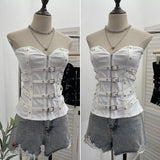 Gothic Style Splicing Pu Leather Buckle Zipper Open Shirt Braid Repair Vest Sleeveless Top Lady 1199