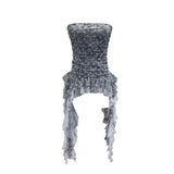 Real Shooting Wave Point Printing Yarn Tectonic Tector Vest Irregular Splicing Lace Ribbon Ribbon Leaves Edge Sleeveless Top 7231