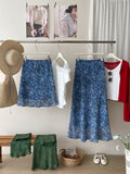 Korean Retro Blue Floral Net Yarn In The Word Skirt Women's Summer French Seaside Holiday Bag Fish Tail Half-Body Dress