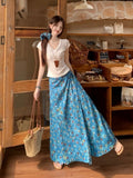 Seaside Vacation Blue Oil Painting Broken Flower Dress Women Summer New Strap High Waist Long A Dress
