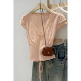 French Romantic Style V-Neck Short-Sleeved T-Shirt For Women's Spring New Lace Tie With Slim Top
