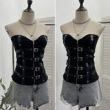 Gothic Style Splicing Pu Leather Buckle Zipper Open Shirt Braid Repair Vest Sleeveless Top Lady 1199