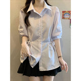 Striped Women's Shirt French Short-Sleeved Temperament Shirt Size 2026 Waist Thin Top Coat Large Size High-End Women's Clothing