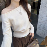 2026 Early Spring Gentle Wind Side-Slope Shoulder-Shaped Collar Wool Knitted Sweater Women Autumn And Winter On The Waist