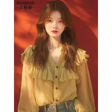 Yellow Lotus-Leaf-Side V-Neck Shirt Women's Autumn Pop Chic Niche Design Top Elegant Chiffon Shirt
