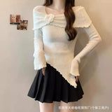 French Temperament Wooden Ear Three-Dimensional Flower Knitting Top Irregular Design Feel Waist Thin Horn Sleeve Bottom