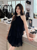 Pearl Hanging Neck Dress Dress Female Summer Light Luxury Birthday Dress Thousand Gold Temperament Two Sets Of Small Black Dress