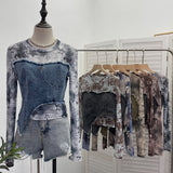 Solid Shooting Tie-Dye Print Spliced Denim T-Shirt Girl Autumn Design Sense Irregular Hair Side Short-Sleeved Top 2617