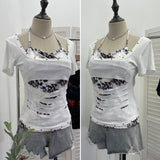 Real Shooting Two Hit Color Cut Rivet Tie With Chest Pad Short-Sleeved T-Shirt 28191