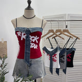 Real Shooting Denim Spliced Print Tie Sling Sling Waist Wearing Hot Girl Bra Short Sleeveless Top Lady 8930