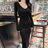 South Korea's Spring And Summer New Temperament V-Neck Body Show The Figure Of The Long Open Fork Long Sleeve Bottom Dress Woman