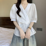 Irregular V-Neck Summer Large-Size Fat Mm Exclusive White Short-Sleeved Shirt Showing Thin Unique Waist Design Top