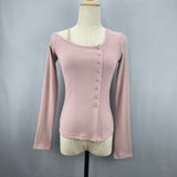 Twisting Pink Button Design Cardigan Body Thin Shoulder Slings Irregular Coat Long-Sleeved Women's T-Shirt Thread