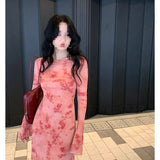 Hong Kong Style Retro Pink Broken Flower Net Yarn Print Dress + Inside The Sling Skirt Women's Spring And Autumn Two Sets