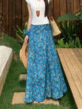 Seaside Vacation Blue Oil Painting Broken Flower Dress Women Summer New Strap High Waist Long A Dress