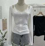 Real Shooting Spice Girls Fake Two Lace Slings Splicing Side Single Buckle Casing Long Sleeve Bottom Shirt 2828