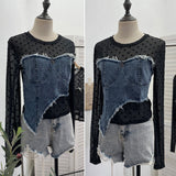 Po Point Mesh Splicing Irregular Raging Denim Long-Sleeved T-Shirt Short Slim Top 2617