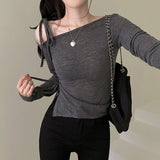 Spring New Out-Shoulder Tie Bow Design Blouse Oblique Shoulder Collar Drawstring T-Shirt Long Sleeve Fork Sweet