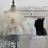 Real Shooting Big Bow Rose Flower Design Smear Chest Vest Wearing Bare Back Sleeveless Top 2192
