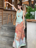 Seaside Holiday Style Suit Unique To The Folded Vest Women Summer Vintage Tie-Dye Skirt Skirt Two-Piece