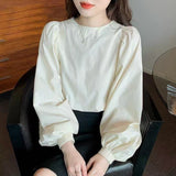 French White Long-Sleeved Shirt Shirt Lady Lantern Sleeve Top 2025 New Fashion Premium Ocean