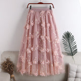 Spring 2025 New High-Rise Thin Double-Layer Mesh Shaft A-Shaped Skirt Three-Dimensional Embroidery Flower Mid-Long Skirt