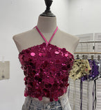 Heavy Industry Bling Bling Glide Hanging Neck Sling Vest One-Style Wrapping Tie With Large Bare Back Blouse 1083