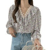 Spring And Summer 2025 New Collar Leaves Lace Splicing Chiffon Dress Sweet Broken Flower Shirt Loose