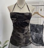 Real Shot Adjustable Shoulder Strap Hanging Neck Leopard Print Mesh Sling Sling With Chest Cushions Bare Back Hottie Top 8192