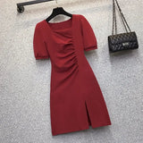 Oceanous Open Fork Short-Sleeved Dress Women 2025 Summer New Large-Size Design Feel Thin Belly A-Character Skirt