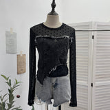 Po Point Mesh Splicing Irregular Raging Denim Long-Sleeved T-Shirt Short Slim Top 2617