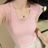 2026 Early Spring Basic U-Neck Shoulder Short-Sleeved T-Shirt Women's Summer Elastic Bottom Shirt Slim Slim Simple Top