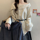 2026 New Chic Temperament One-Word Collared Fashion Stripe Early Autumn Long-Sleeved Shirt With Waistband
