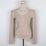 Temperament Comfortable Body Slim Slim Top Spring Dress New V-Neck Korean Side Open Fork Long-Sleeved T-Shirt Girl