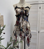 Real Shoot Hottie Design Lace Splicing Dizzy Oil Painting Irregular Ribbon Sleeve Sleeveless Top 1208