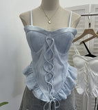 Real-Hand Shot Thai With Chest Pad Strap Lace Splicing Irregular Sling Vest Short Sleeveless Top 2860