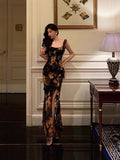 Temperament Famous Sister Style Sling Dress Retro Print Design Sense Niche Open Fork Body Ass Long Skirt