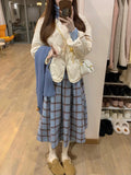 Vintage Blue Lattice Half Skirt Autumn And Winter Temperament Of High-Grade College High-Waist Small Long Dress Girl