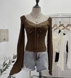Real Shooting Merard Wind Strapted Bow Splicing Lace Pure Desire Blouse Folding Body Short Blouse 6015