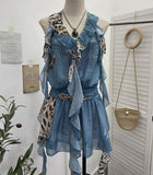 Hanging Neck Lotus Leaf Side Ribbon Print Between The Draw Folded Lace With Bareback Bow Dress 22070