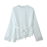 Spring New Lace Spliced Ribbon With Asymmetric Long-Sleeved Top