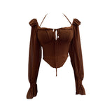 Real Shooting Explosion Two-Word Shoulder Hanging Neck Sling Shirt Irregular Horn Sleeve Chiffon Top 8873